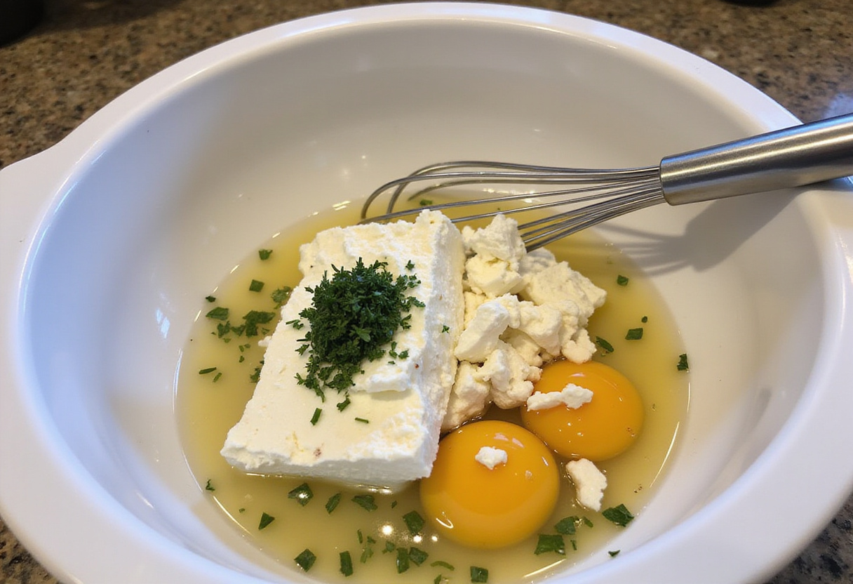 Feta cheese and herbs mixed together for the tarte courgette feta without crust.