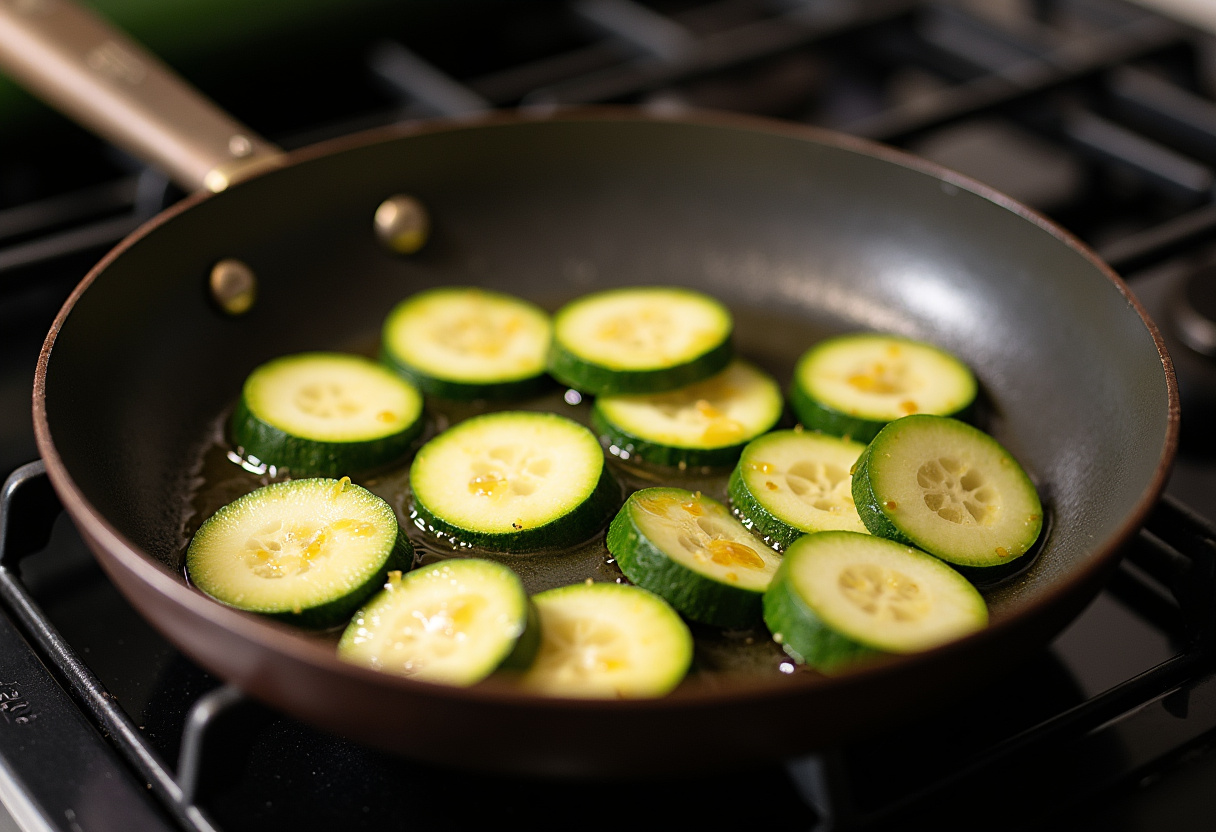 Sautéed zucchini cooking in a skillet for tarte courgette feta preparation.