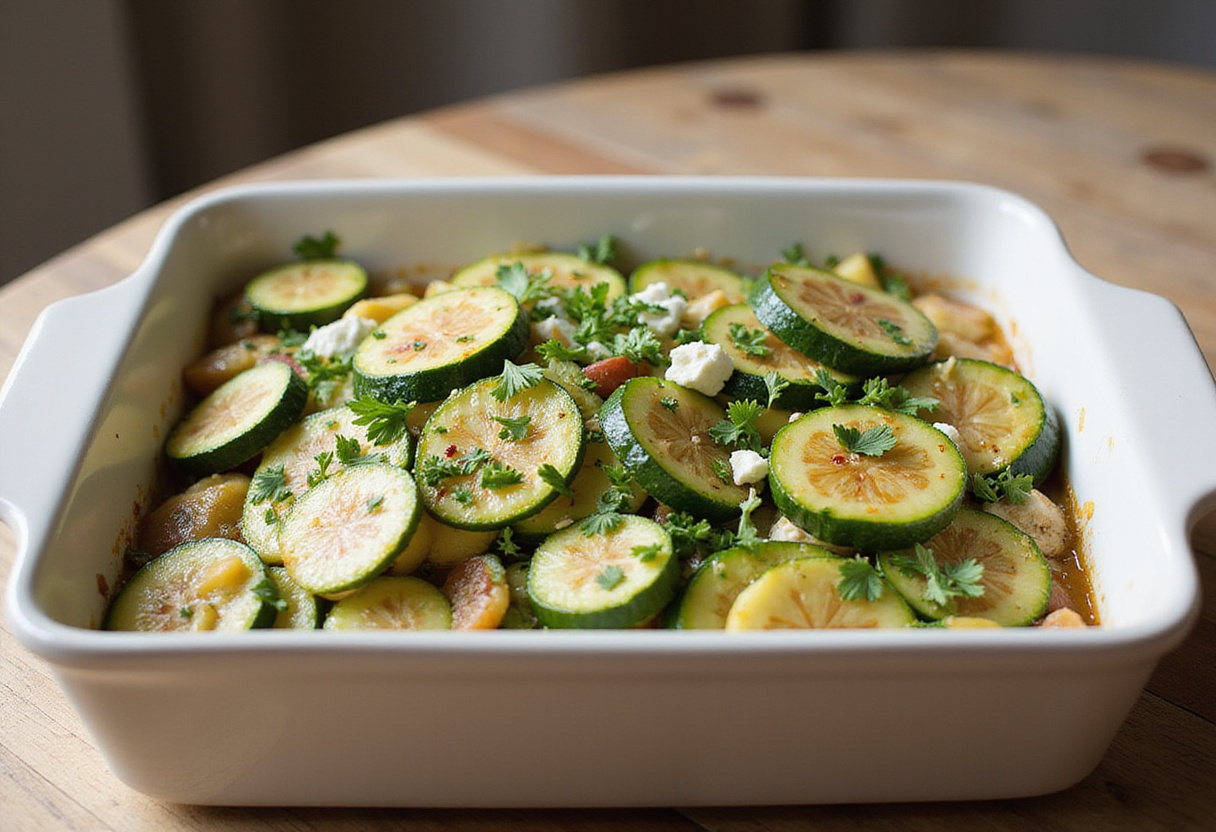 Baking dish filled with tarte courgette feta mixture ready for the oven.