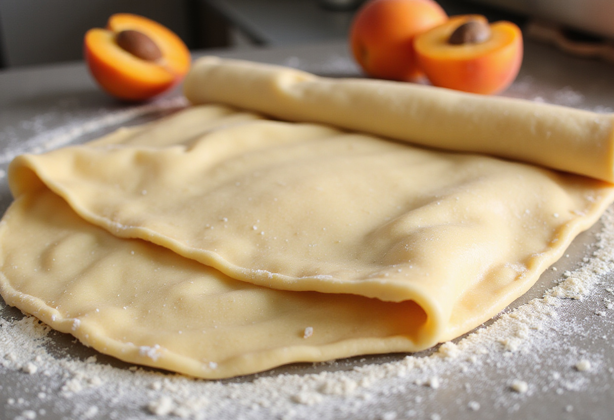 Pâte feuilletée et abricots frais préparés pour la recette de tarte fine aux abricots.