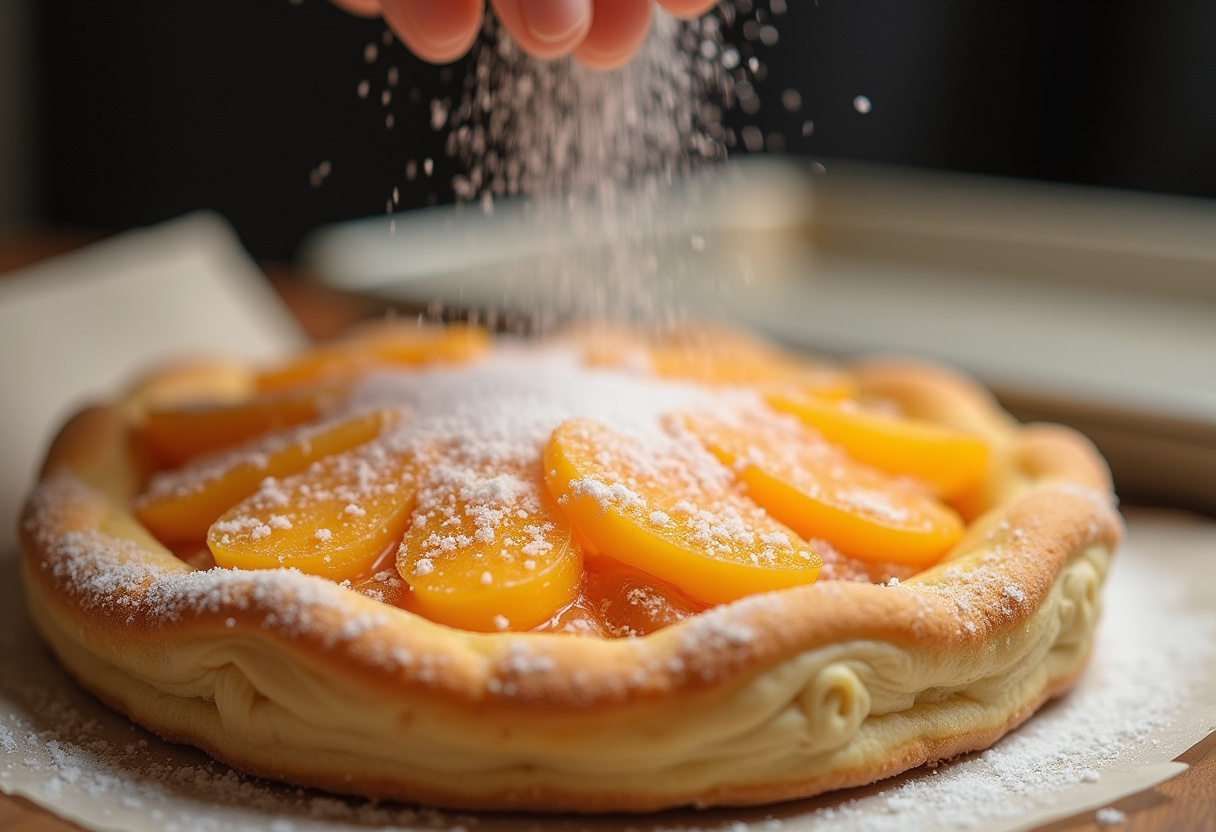 Sucre saupoudré sur les abricots sur la pâte pour un délicieux dessert de tarte aux abricots.