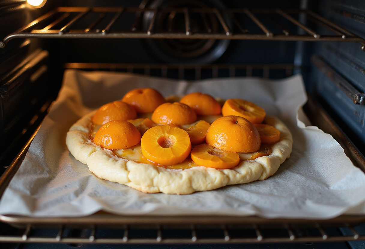 Plaque de cuisson avec le mélange de tarte fine aux abricots placée dans le four.