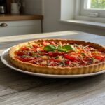 Tarte fine aux tomates et à la moutarde à l'ancienne, présentée sur une table rustique.