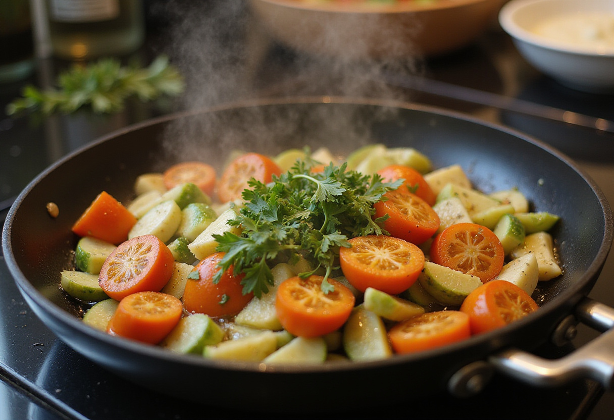 Sautéing seasonal vegetables for a delicious Tarte provençale recipe, embodying summer cuisine.