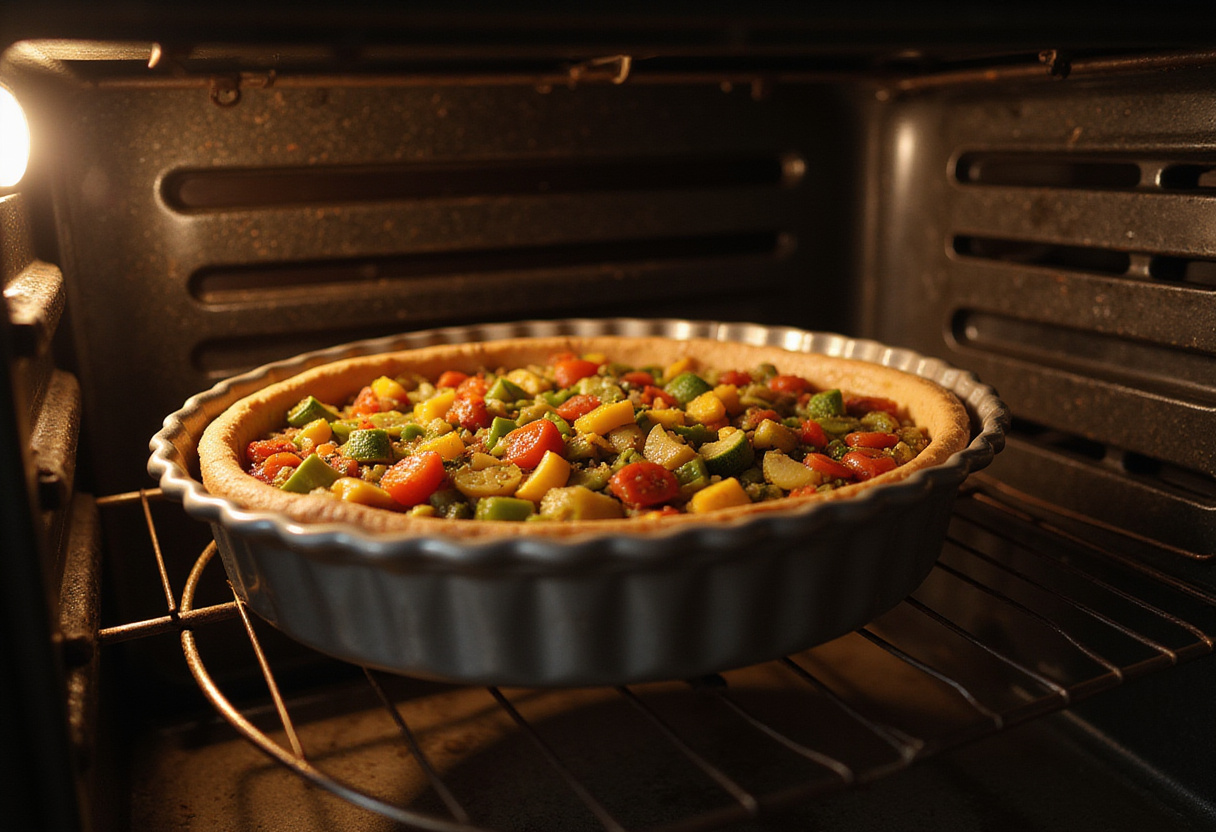 Tarte provençale being baked in the oven, showcasing summer flavors and Mediterranean cooking.