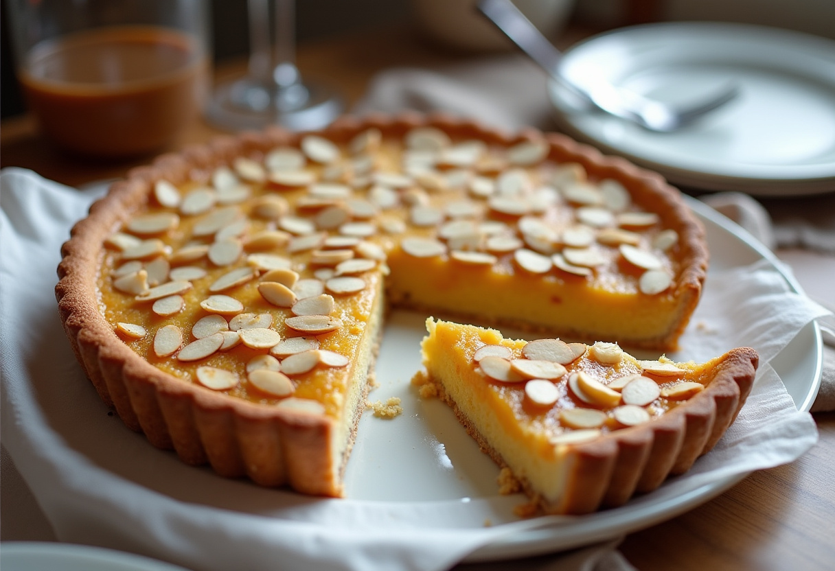 Tarte aux abricots terminée, élégamment présentée avec une garniture d'amandes.
