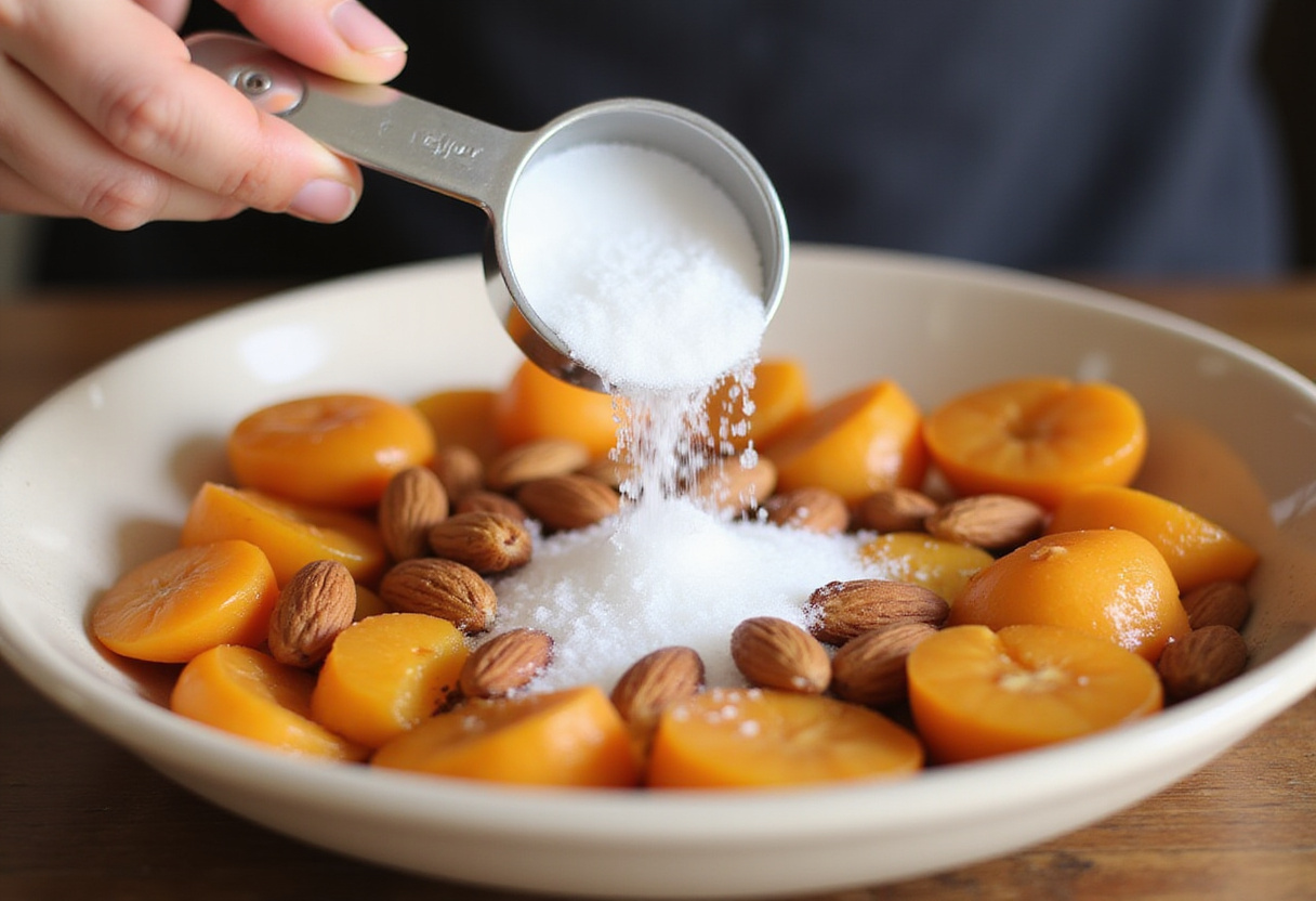 Saupoudrer de sucre les abricots pour le dessert tarte aux abricots.