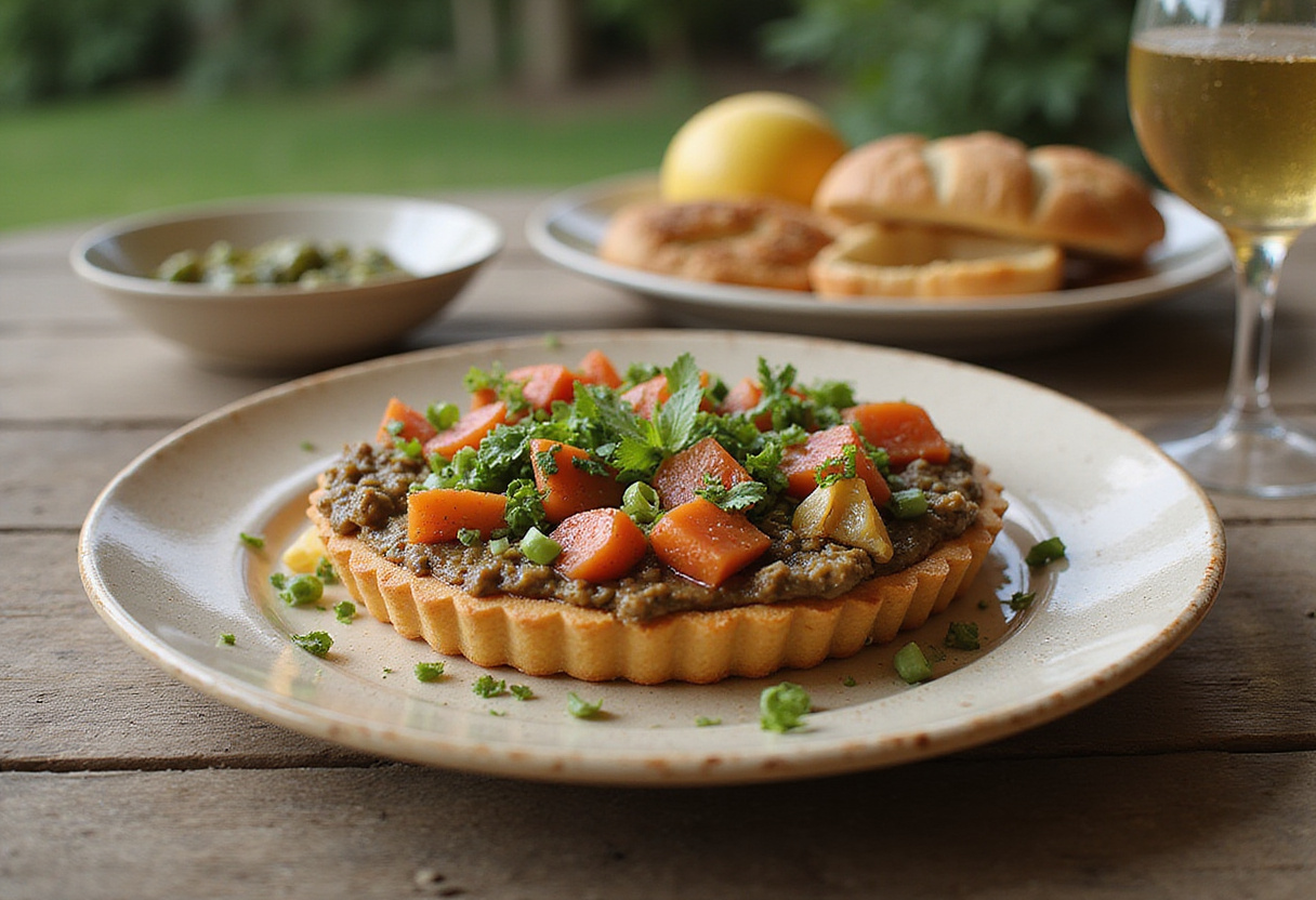 Beautifully baked tartelette tapenade with summer vegetables, an ideal dish for summer gatherings.