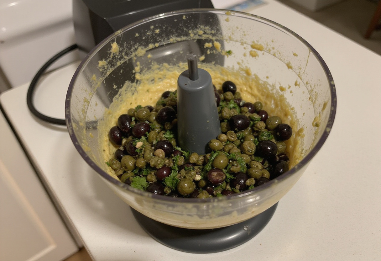 Making tapenade for tartelette tapenade with olives and capers, a perfect summer recipe.