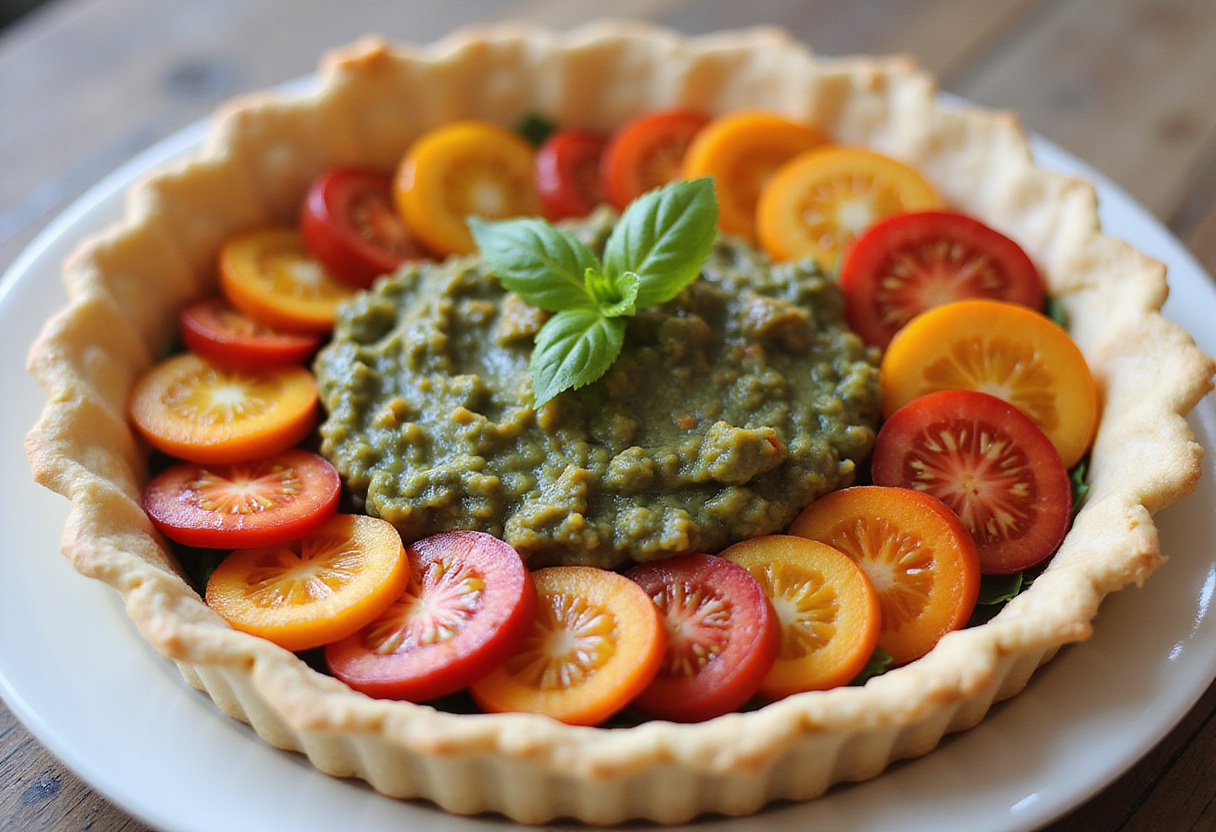 Spreading tapenade in the tart shell for tartelette tapenade with colorful summer vegetables.