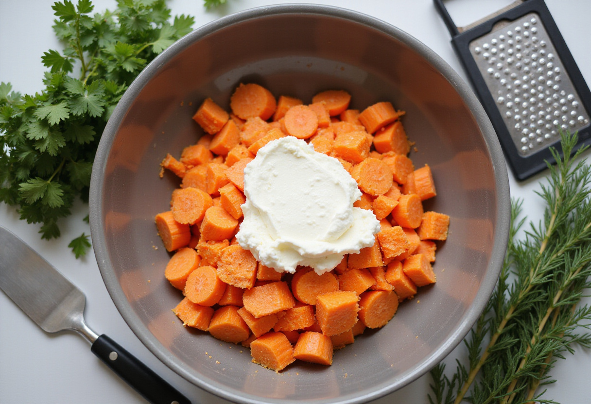 Carottes râpées et fromage frais dans un bol, prêts pour la préparation de la tartinade aux carottes.