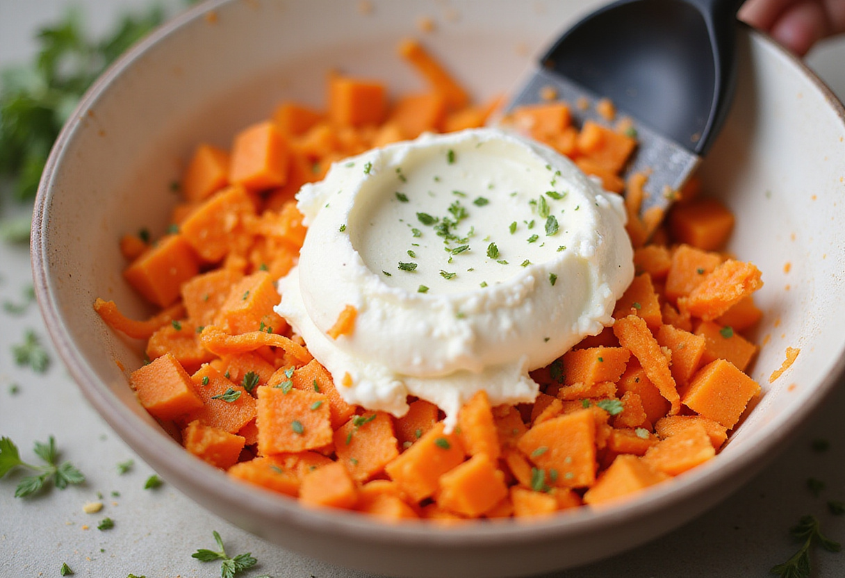 Mélange des carottes râpées et du fromage frais pour une délicieuse tartinade crémeuse.