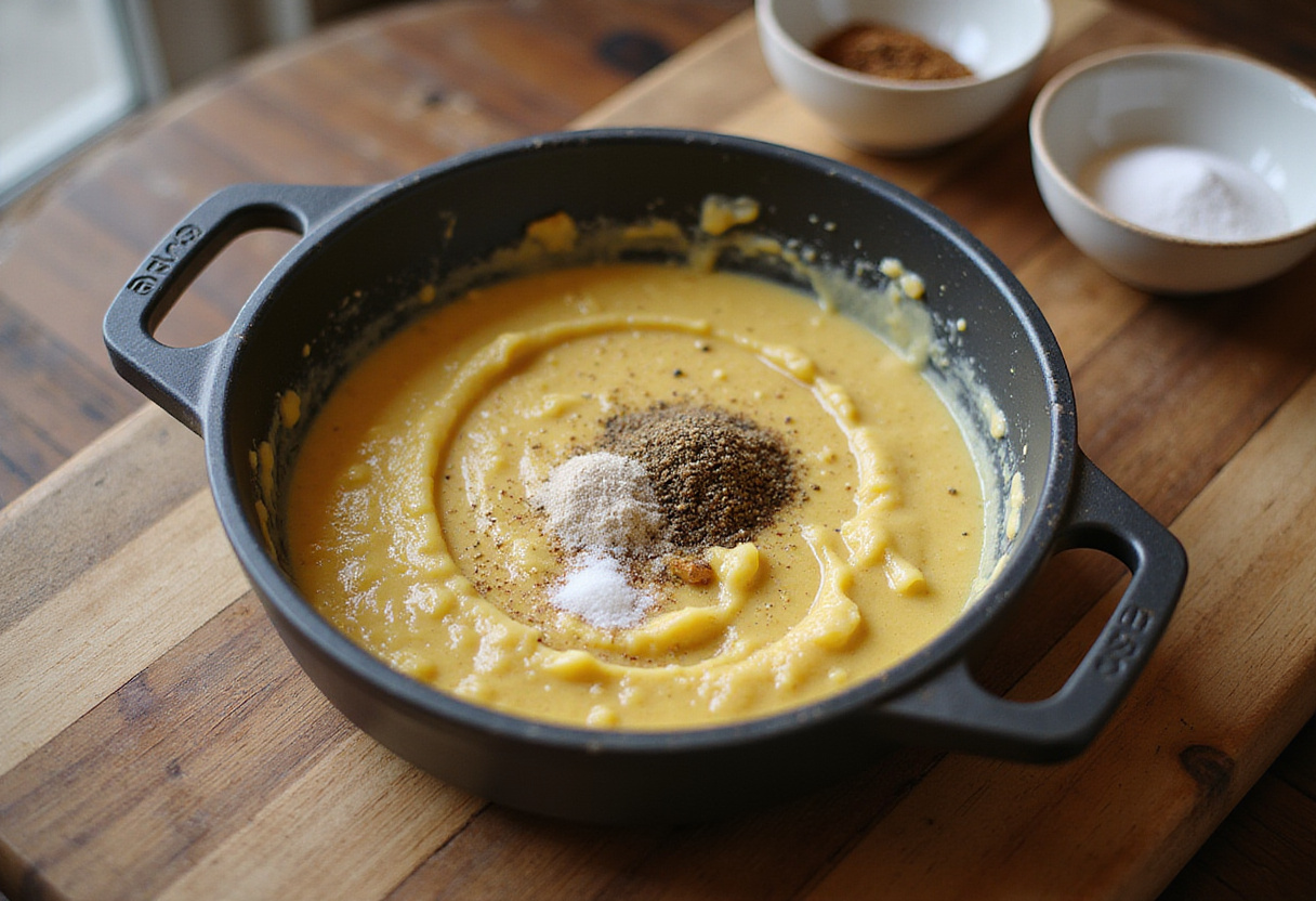 Assaisonnement de la tartinade crémeuse aux carottes avec du sel et du poivre pour un apéritif végétarien savoureux.