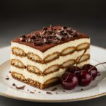 Finished tiramisu forêt noire with chocolate shavings and cherries, an exquisite dessert for any occasion.