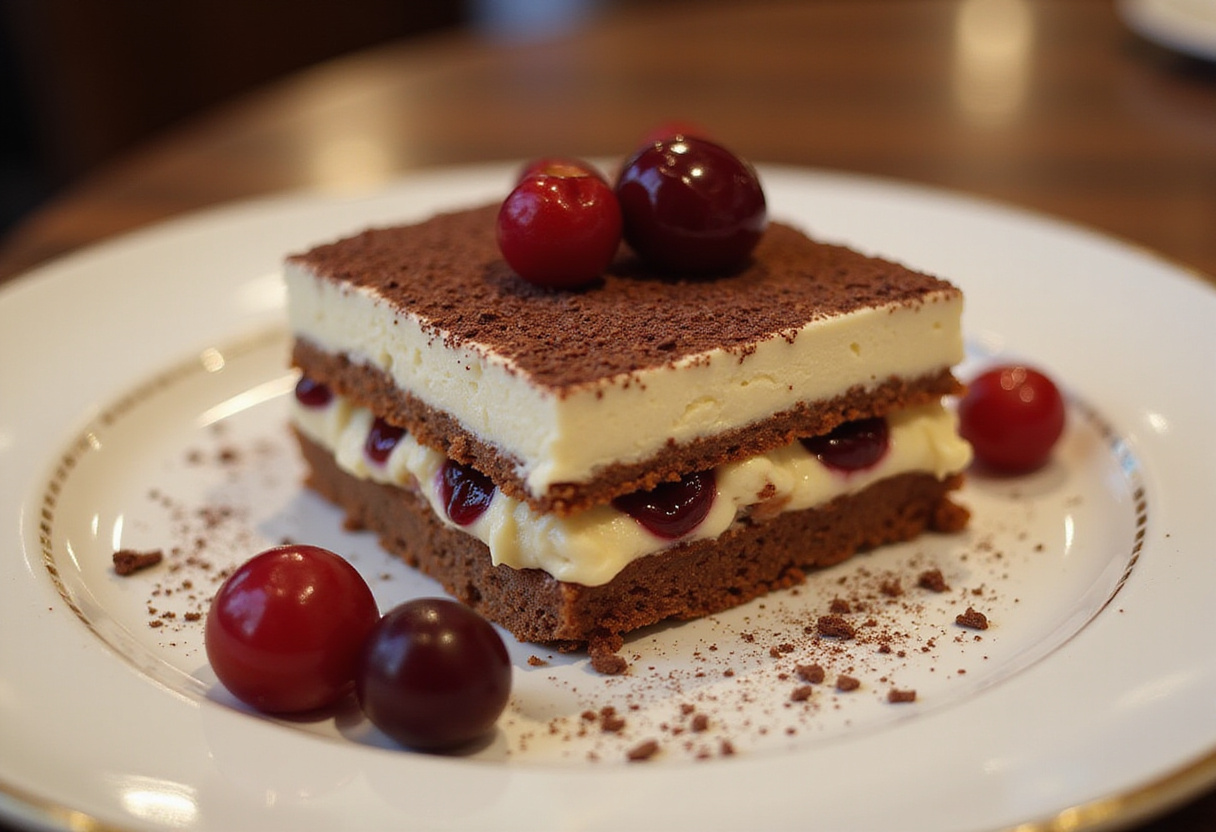 Finished tiramisu forêt noire with chocolate shavings and cherries, an exquisite dessert for any occasion.