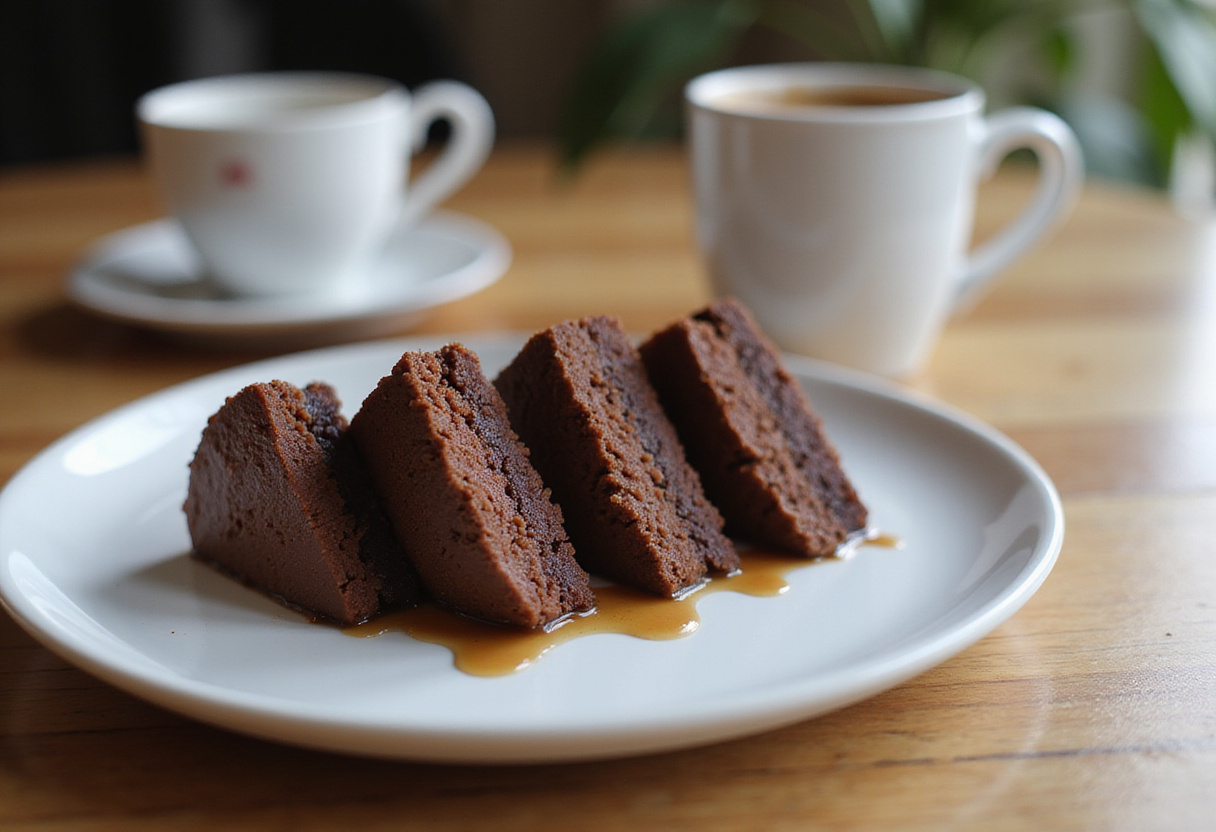 Dipping chocolate cake layers in coffee for tiramisu forêt noire dessert.