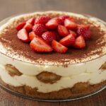 Tiramisù aux fraises fraîchement préparé, parfait pour un dessert italien.