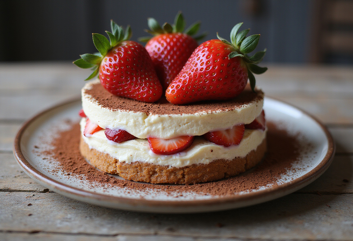 Tiramisù aux fraises fraîchement préparé, parfait pour un dessert italien.