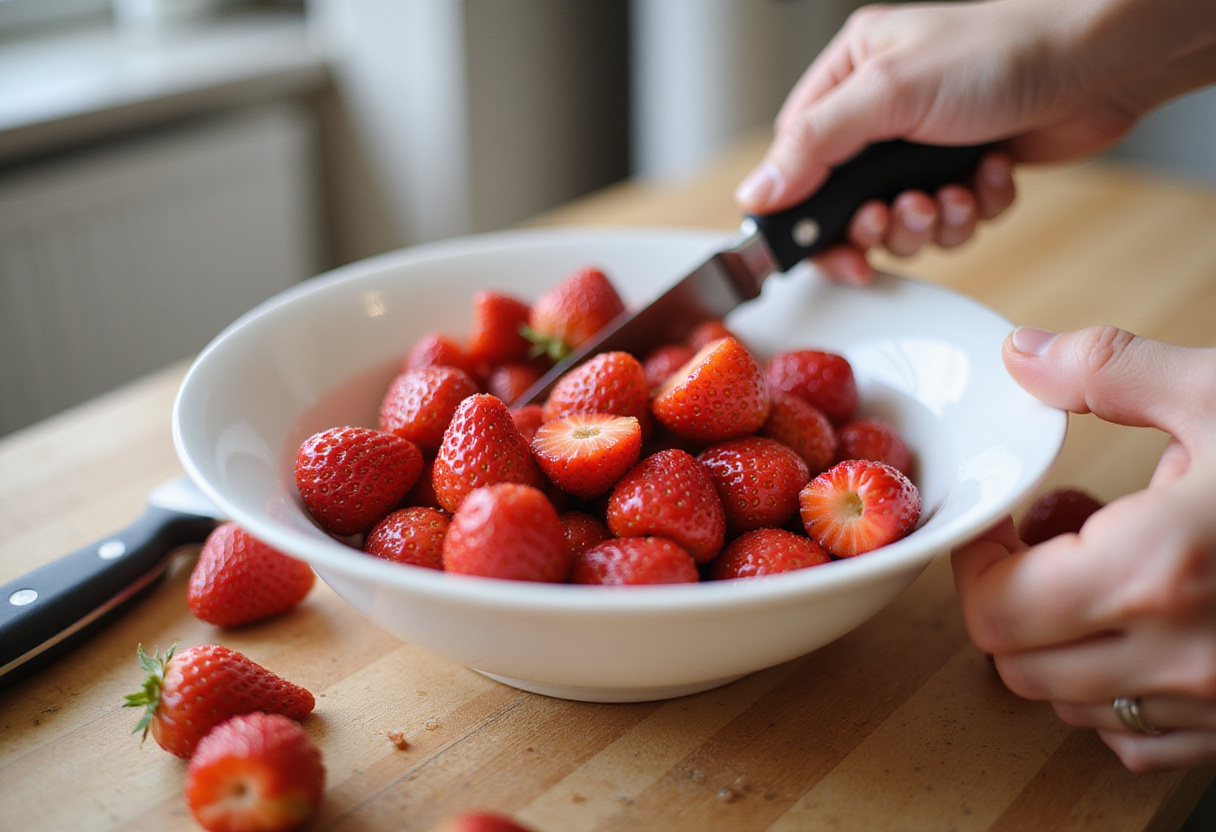 Frais fraises coupées pour préparer un tiramisù aux fraises délicieux.