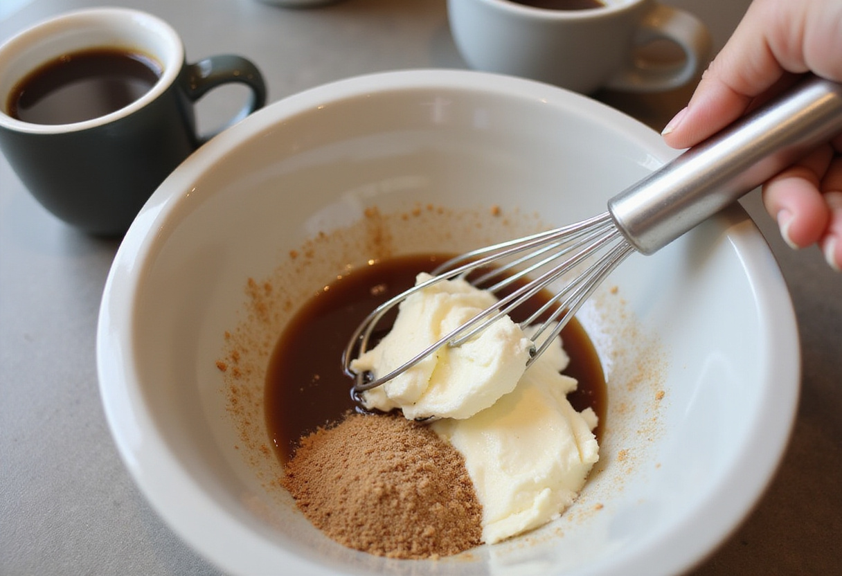 Mélange de mascarpone, café et sucre pour tiramisù aux fraises, une recette de dessert italien.