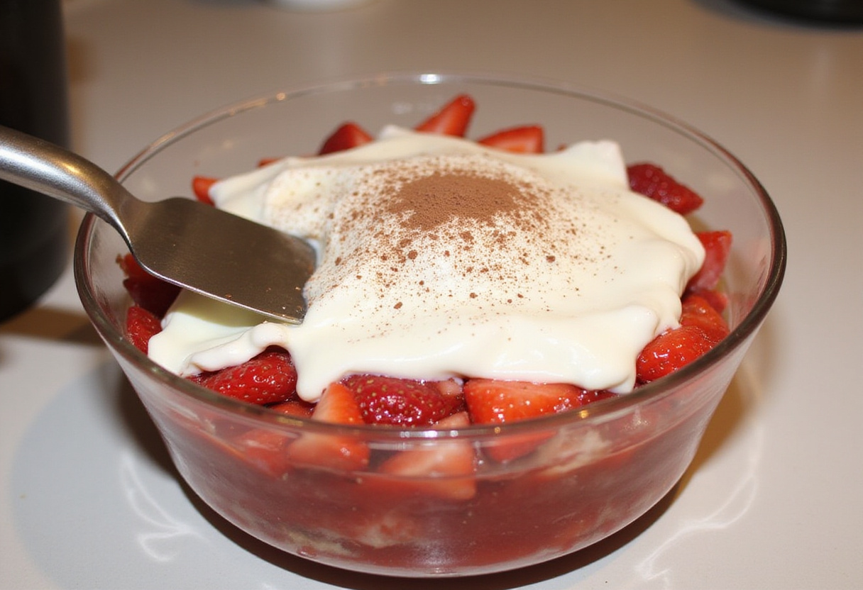 Assemblage du tiramisù aux fraises dans un plat en verre, un dessert italien exquis.