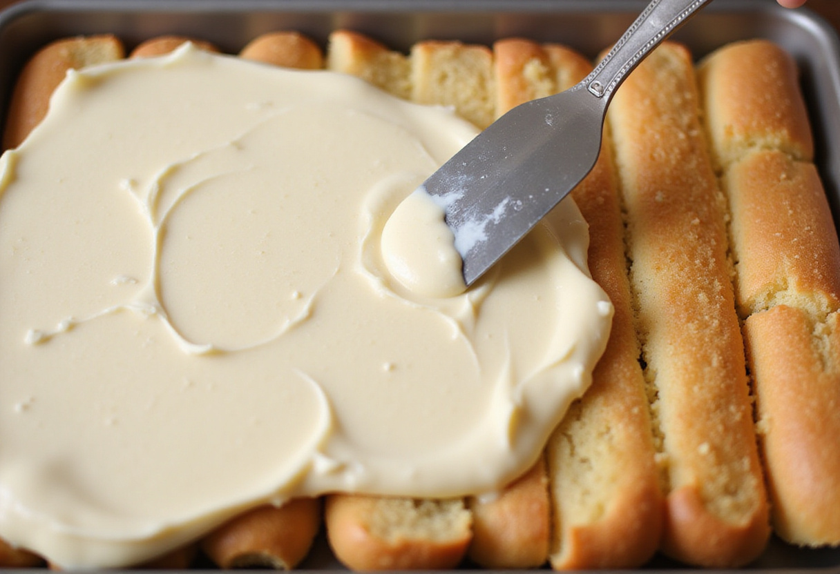 Répartition d'un mélange crémeux de mascarpone sur des biscuits à la cuillère pour un dessert italien tiramisu léger.