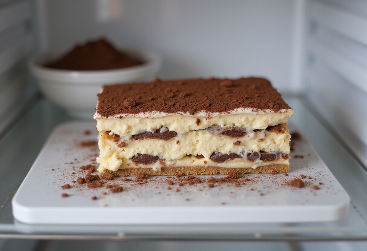 Réfrigération d'un tiramisu léger en couches au réfrigérateur avant de servir.