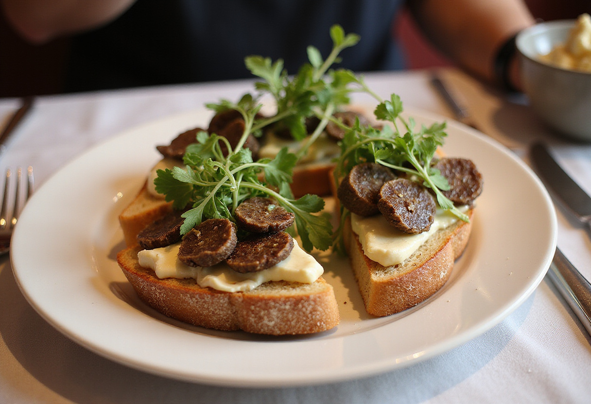 Tartines de toast à la truffe prêtes à être servies lors d'un dîner élégant.