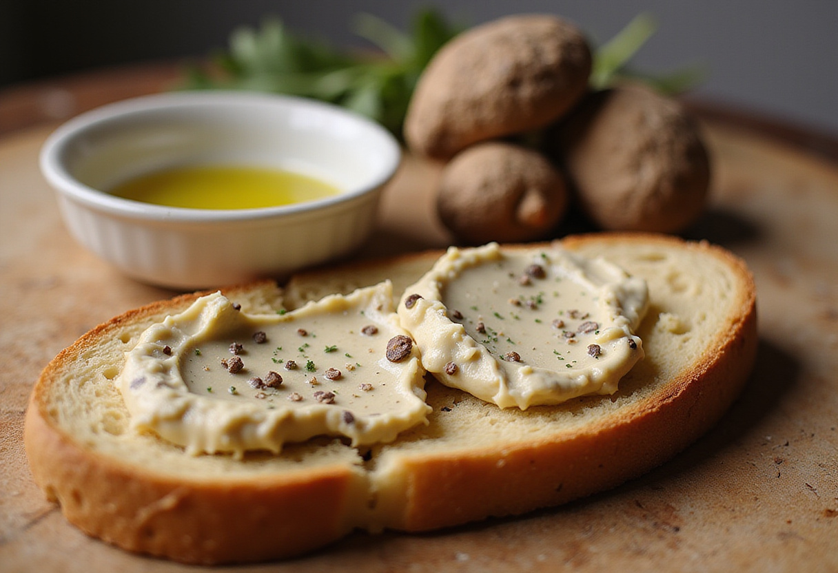 Tartine de pain toasté avec du beurre à la truffe pour la recette toast à la truffe.