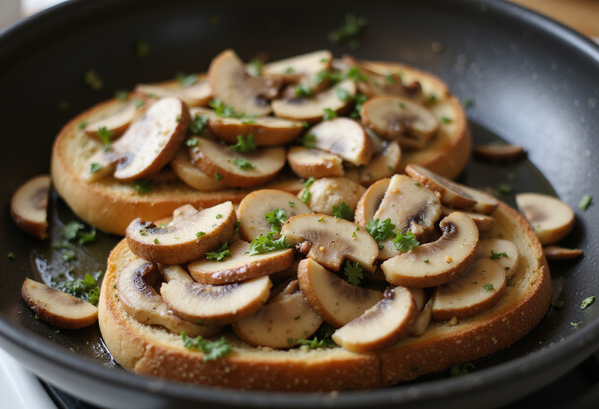 Champignons sautés avec des herbes pour une délicieuse recette de toast à la truffe.