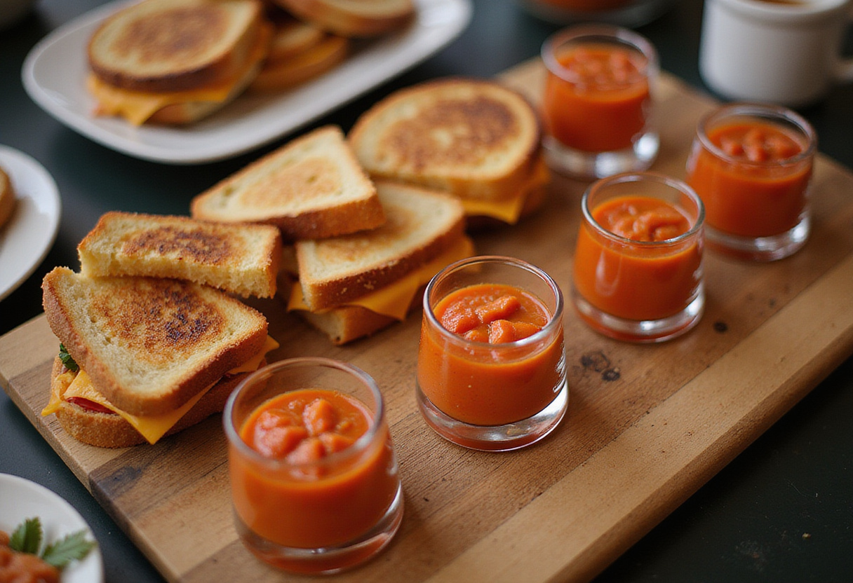 Table setting featuring tomato soup shooters and mini grilled cheese for delightful amuse-bouches.
