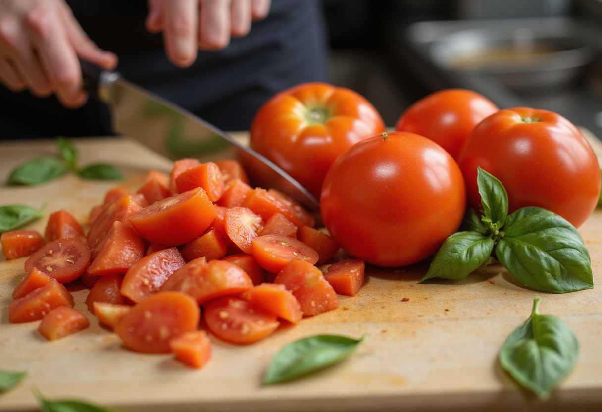 Chopped fresh tomatoes on a cutting board for making soupes pour apéritif.