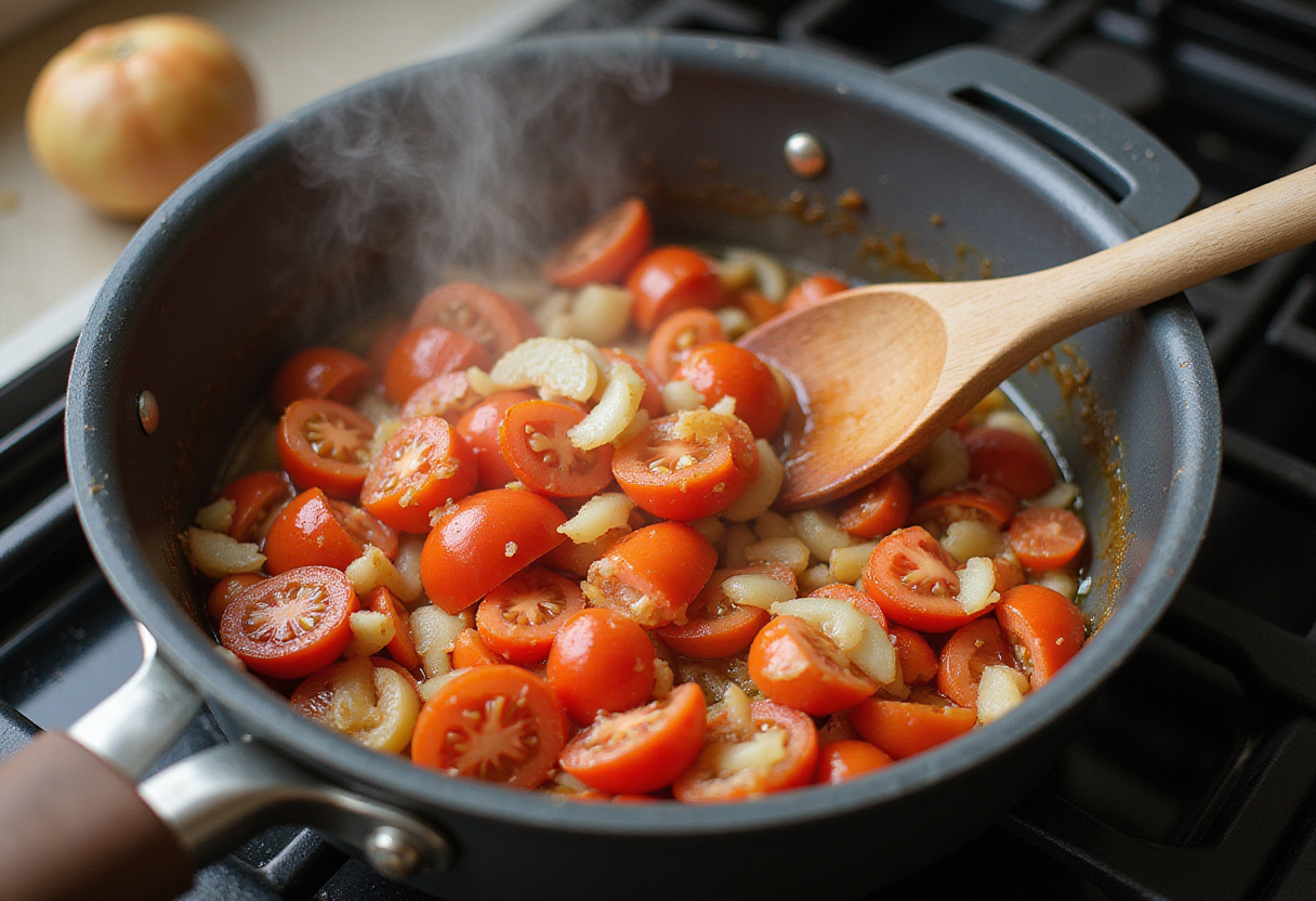 Sautéing ingredients for tomato soup shooters - tomatoes, onions, and garlic.