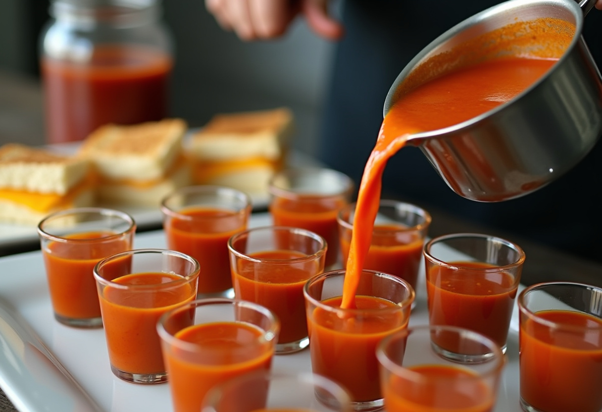 Pouring creamy tomato soup shooters into shot glasses for amuse-bouches.