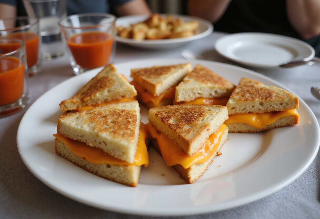 Mini sandwichs au fromage and tomato soup shooters beautifully arranged for a party.