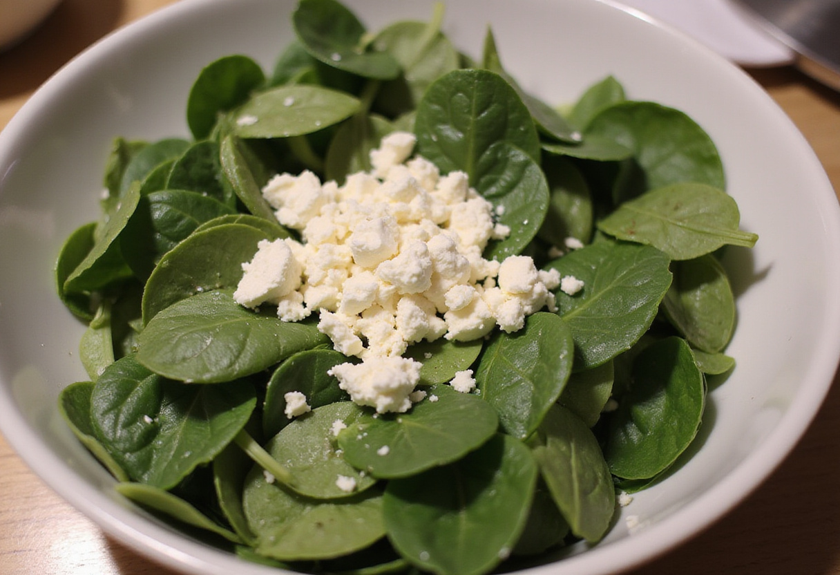 Fresh spinach and feta cheese in a bowl for preparing a tourte grecque.