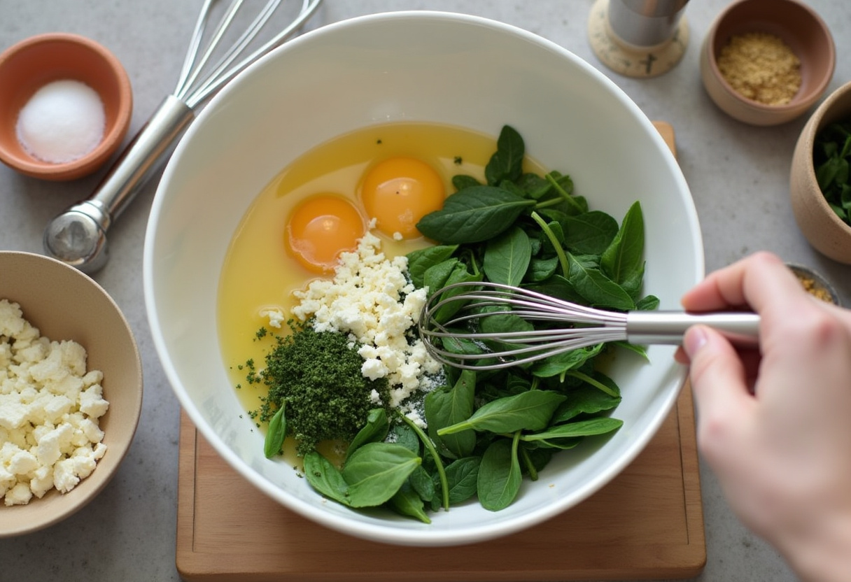Mixing ingredients for the tourte grecque with spinach and feta.