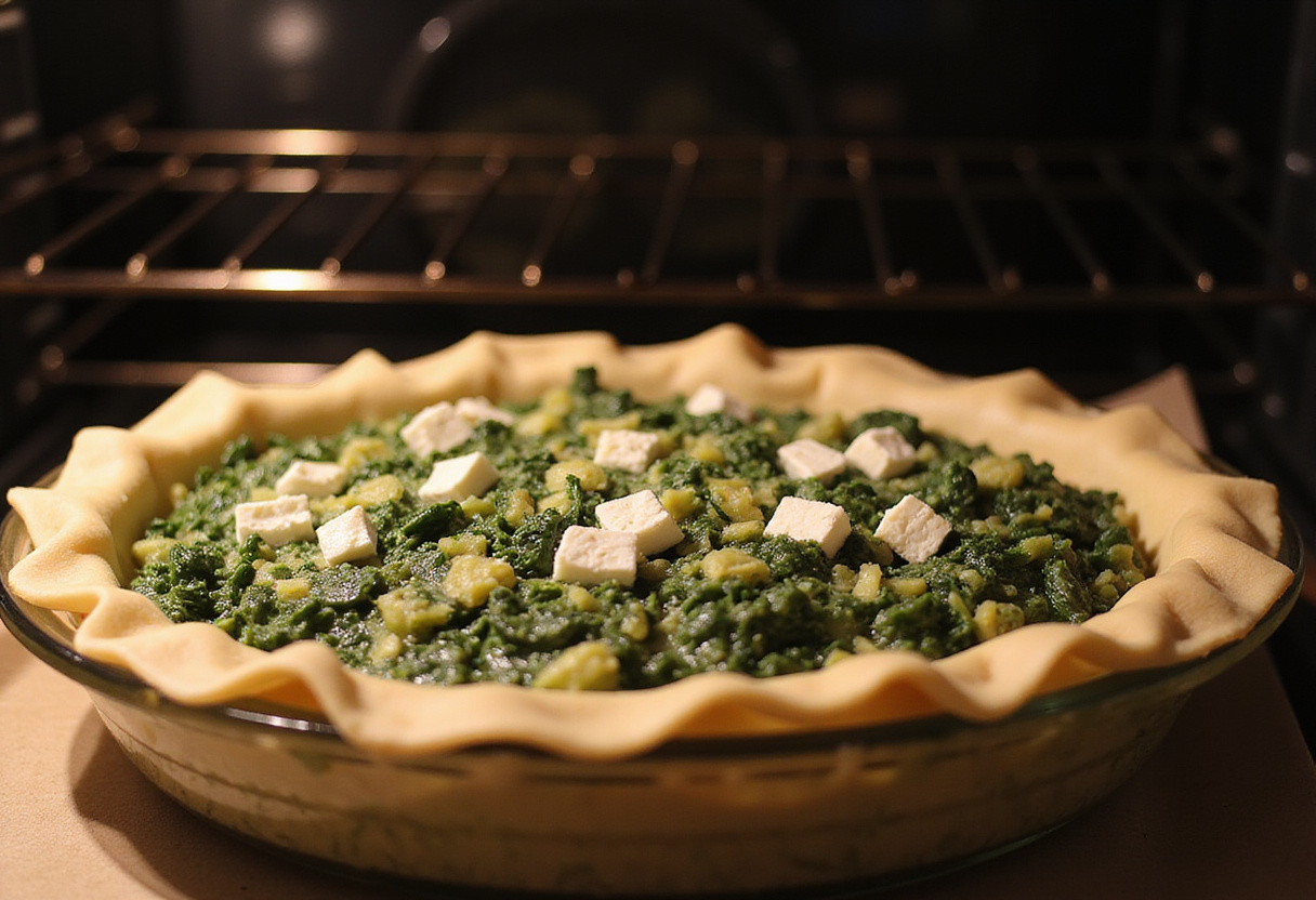 Tourte grecque ready to bake in the oven with spinach and feta filling.