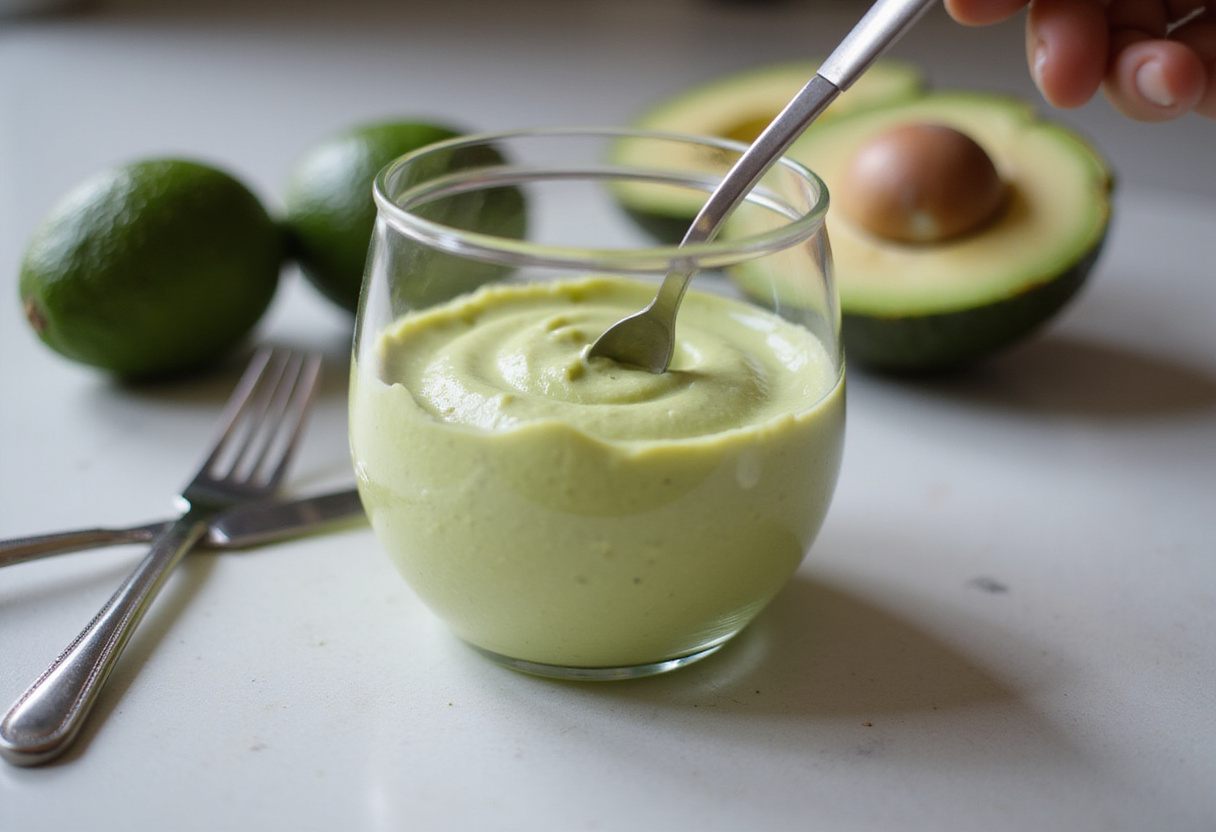 Creamy avocado mousse being used to fill verrines for verrines crevette recipe.
