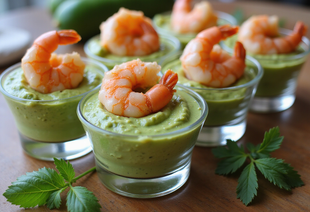 Cooked shrimp placed on avocado mousse in verrines for amuses bouches recipe.