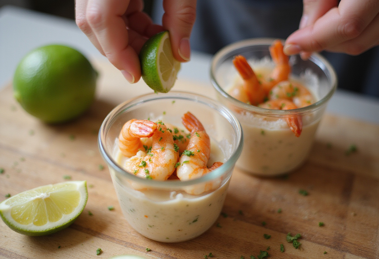 Fresh lime zest being sprinkled on shrimp in verrines for recette apéritif.