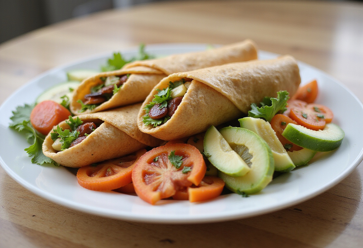 Finished healthy chicken and vegetable wraps served with fresh sides for a quick meal.