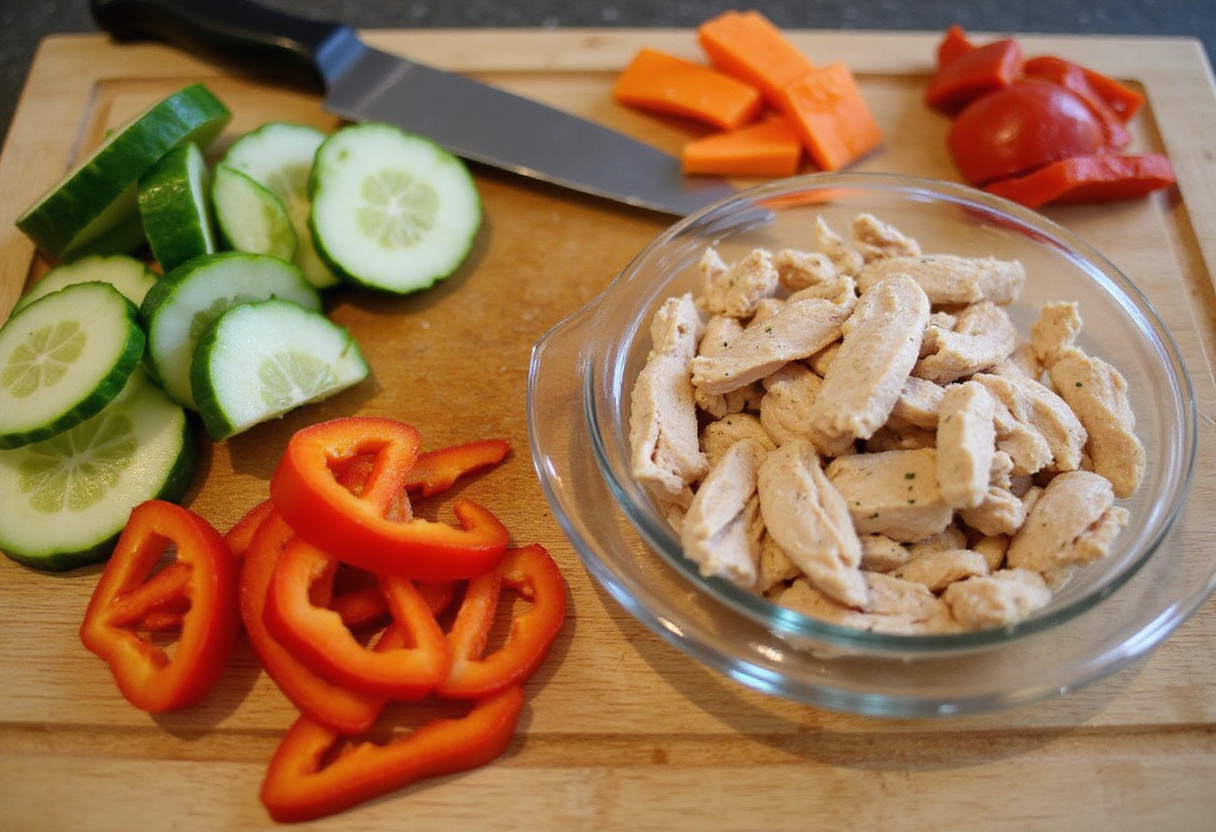 Fresh vegetables and shredded chicken prepared for making healthy wraps.