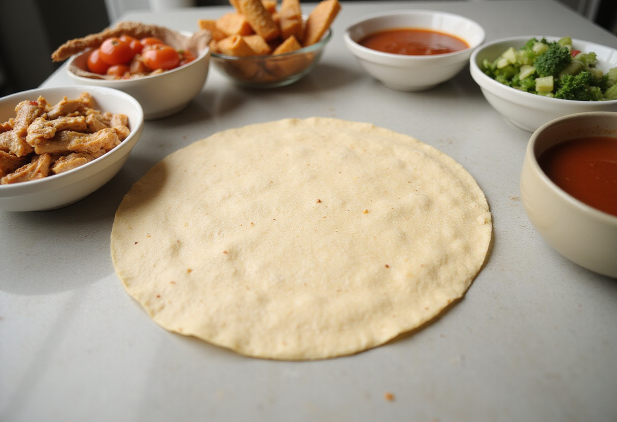 Preparing a tortilla for healthy wraps filled with chicken and vegetables.