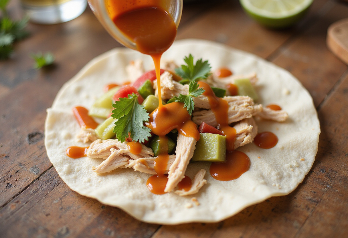 Filling a tortilla with fresh vegetables and chicken for a healthy wrap recipe.