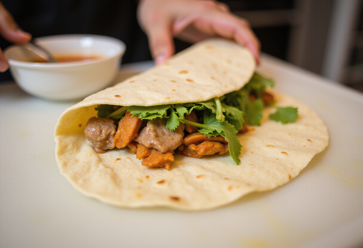 Rolling and slicing a delicious chicken and vegetable wrap ready to serve.