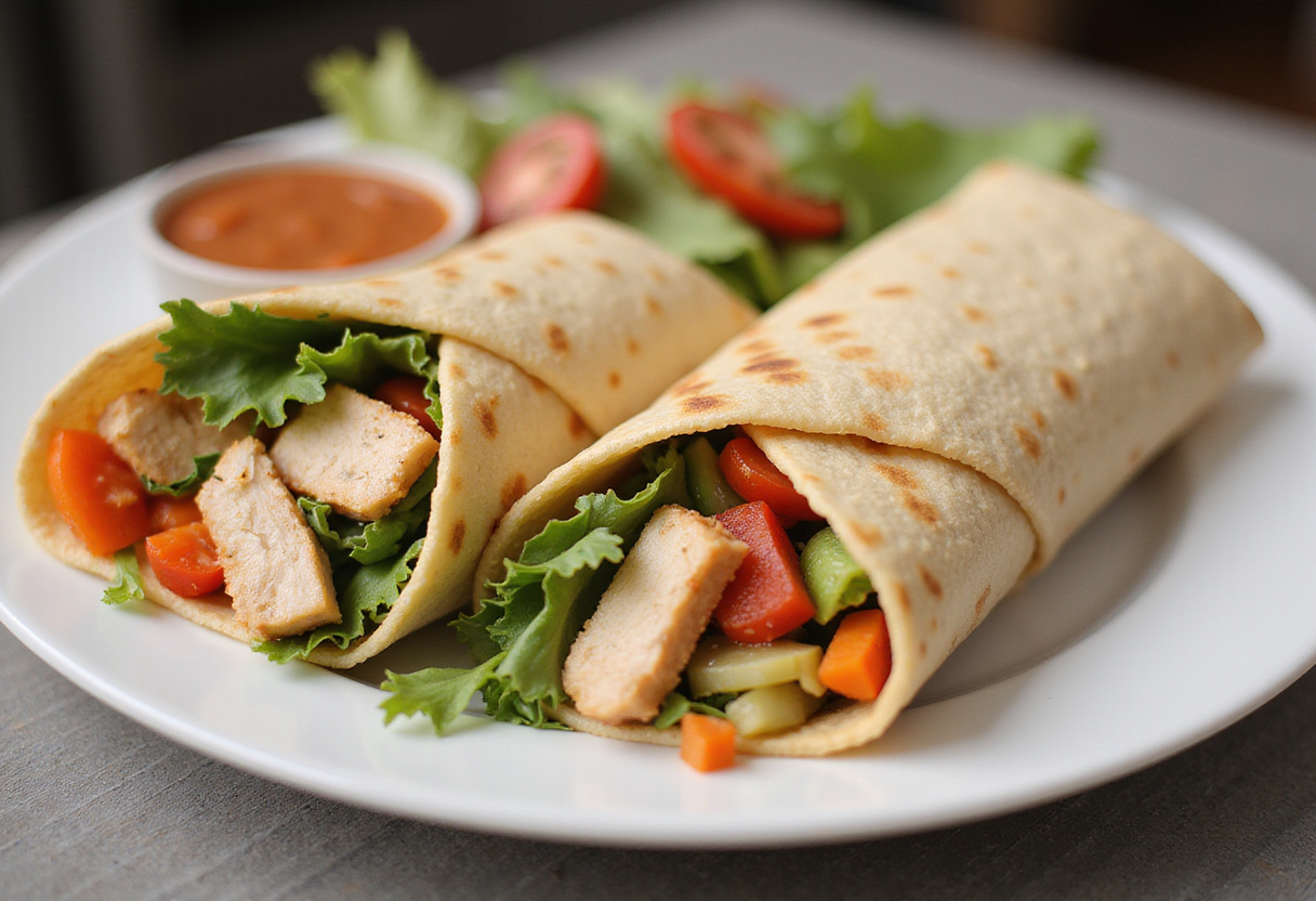 Wraps poulet-légumes finis, un repas rapide et sain mettant en valeur des légumes vibrants et du poulet.