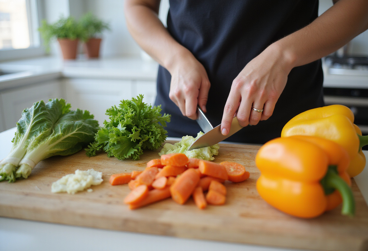 Légumes frais coupés pour wraps poulet-légumes dans une cuisine lumineuse pour un repas sain.