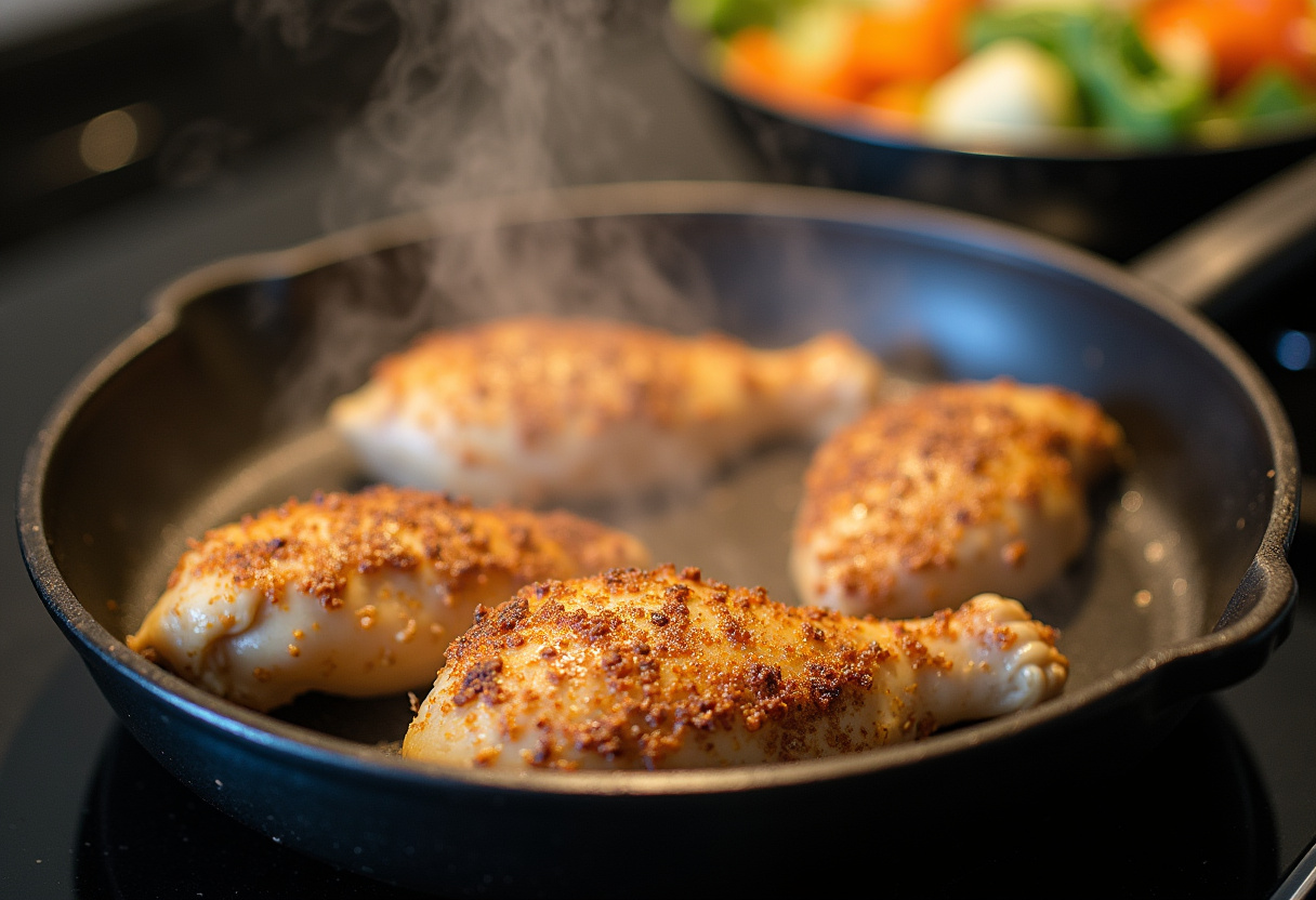 Cuisson du poulet assaisonné pour wraps poulet-légumes, une préparation de repas rapide et saine.
