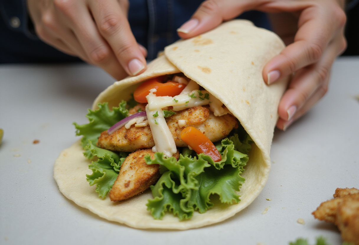 Assemblage de wraps poulet-légumes avec de la laitue croquante et du poulet grillé pour un repas rapide.